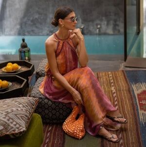 NWT ZARA SEQUINS TIE-DYE  PLEATED MAXI DRESS Medium STUNNING DRESS! Orange Pink